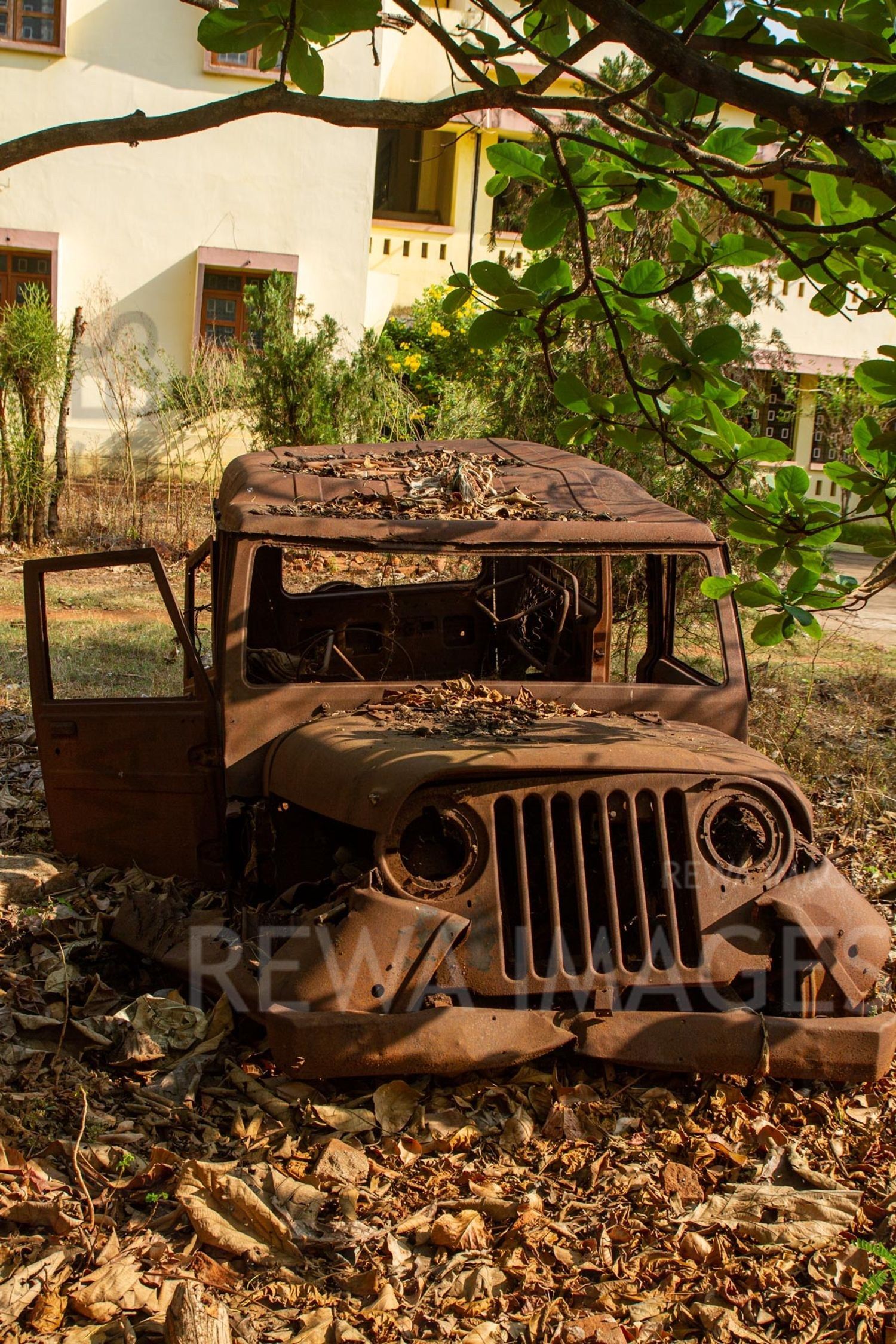 The burnt vehicle at the Pastoral House